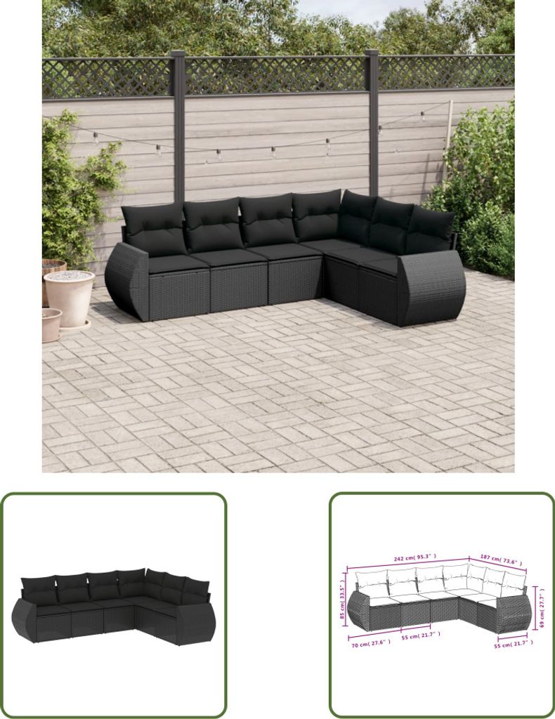 The Living Store 6-tlg. Garten-Sofagarnitur mit Kissen Schwarz Poly Rattan