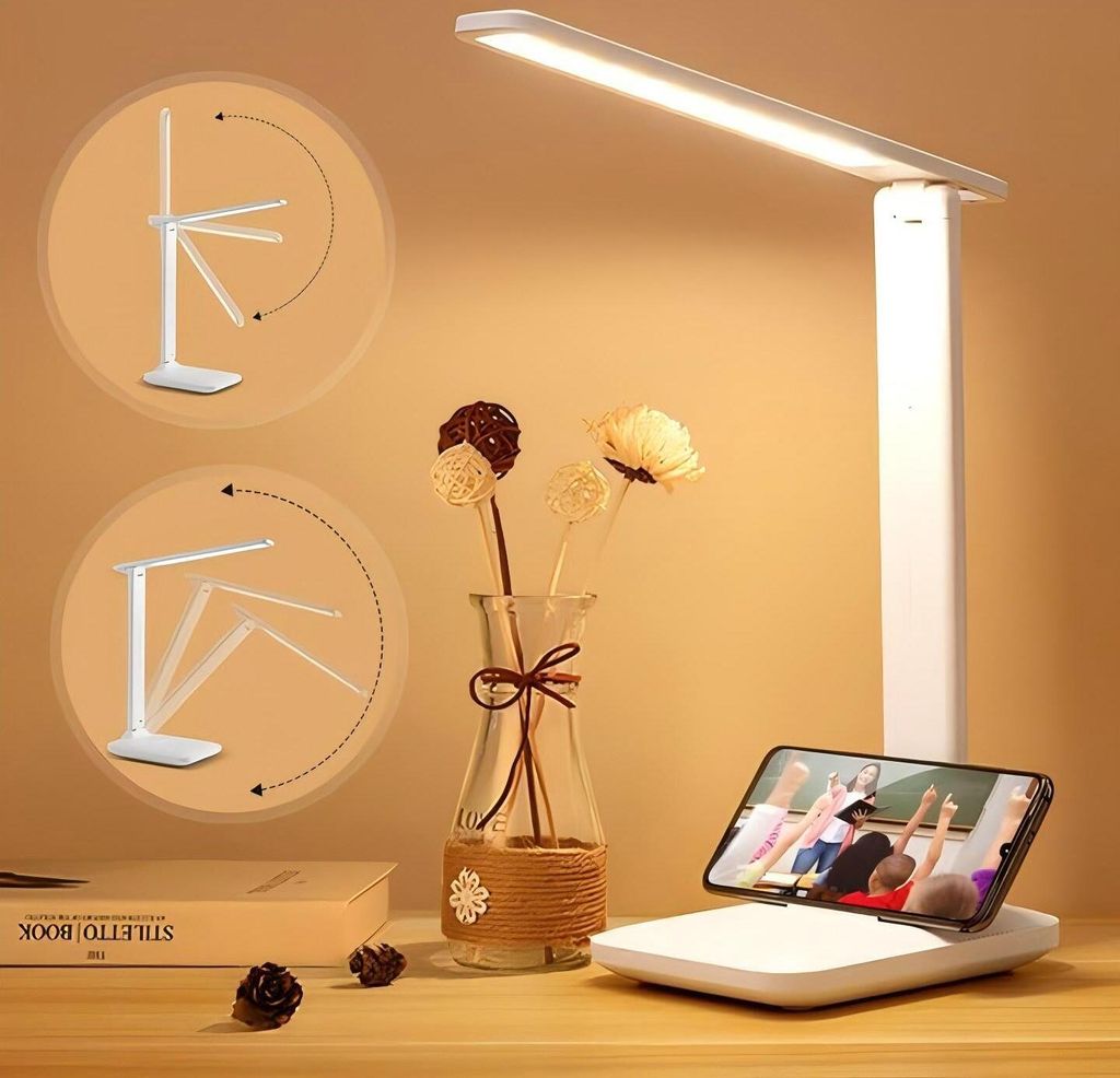 Schreibtischlampe LED dimmbar, 5W Augenschutz Tischlampe, 3 Farbtemperaturen, Schreibtisch Lampe mit USB-Anschluss, Touch-Steuerung Leselampe