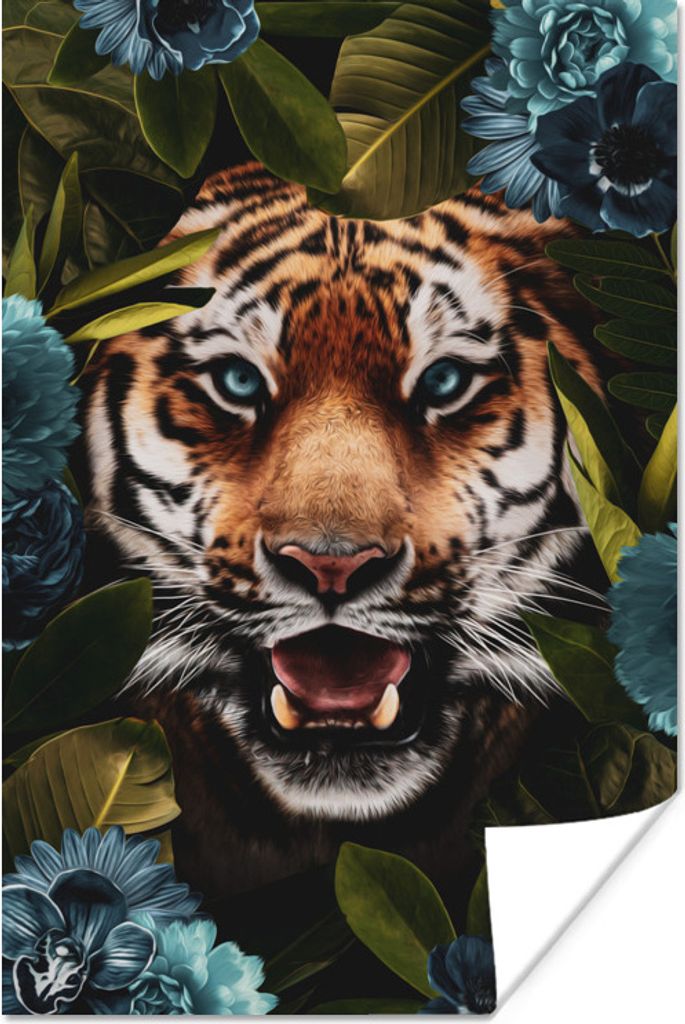 MuchoWow Poster Tiger - Blätter - Blau 20x30 cm - Papierdruck