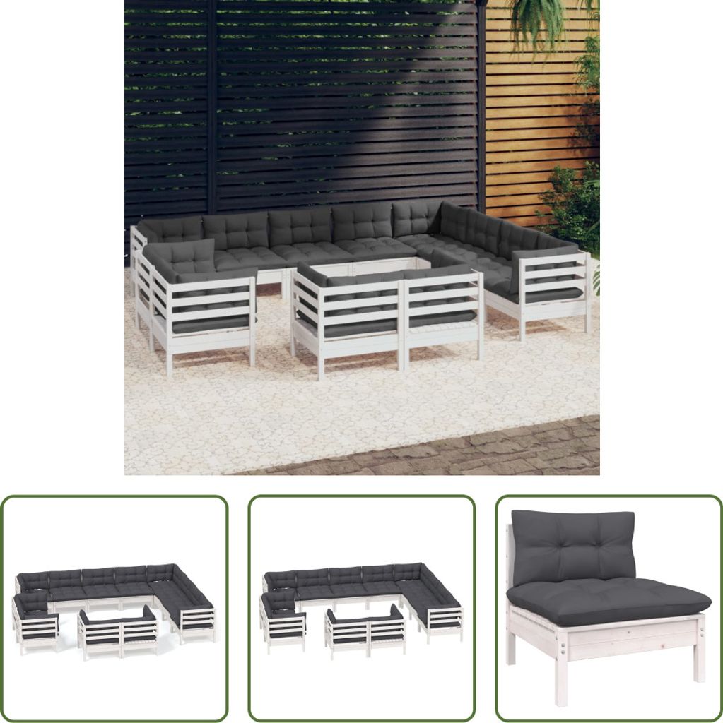 The Living Store 12-tlg. Garten-Lounge-Set mit Kissen Weiß Massivholz Kiefer