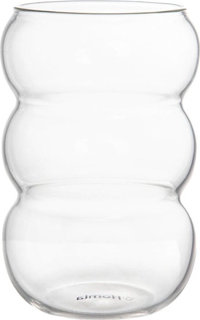 A clear glass vase with a unique, bulbous shape.