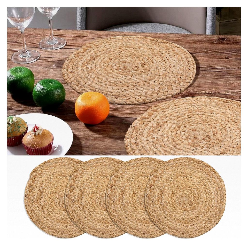 Handgewebtes Geflochtenes Jute Tischset Reversibel Rund Tischmatte Set Rustikal Vintage Jute-Tischsets für Küche und Esstisch - 4er-Set