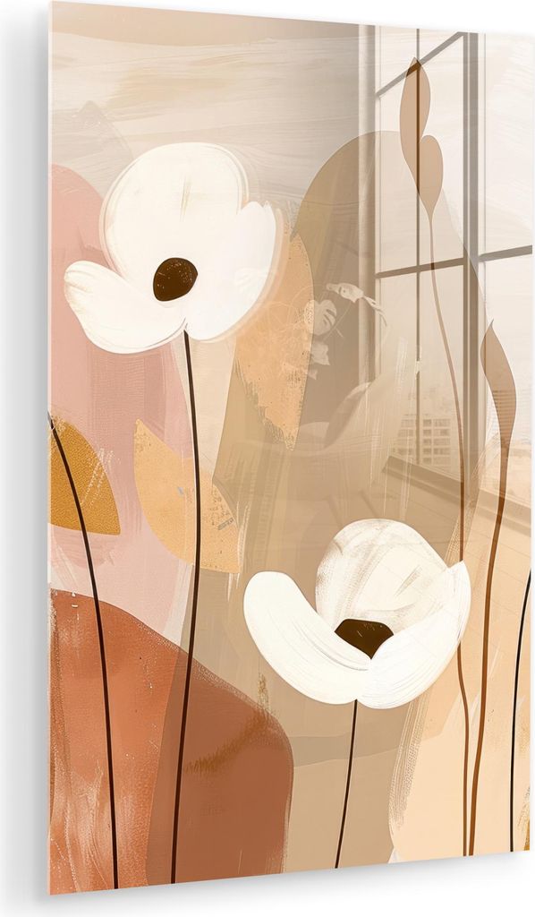 MuchoWow Glasbilder - Bilder auf Wandbild - Foto auf Glas Blumen - Abstrakt - Beige - Strichzeichnung 20x30 cm Wanddekoration aus Glas - Acrylglasb...