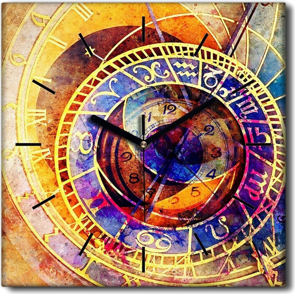 Coloray Uhr auf Leinwand 30x30 cm Wand Uhr Dekoration Wohnzimmer Segeltuch schwarze Hände -Kosmos Tierkreiszeichen