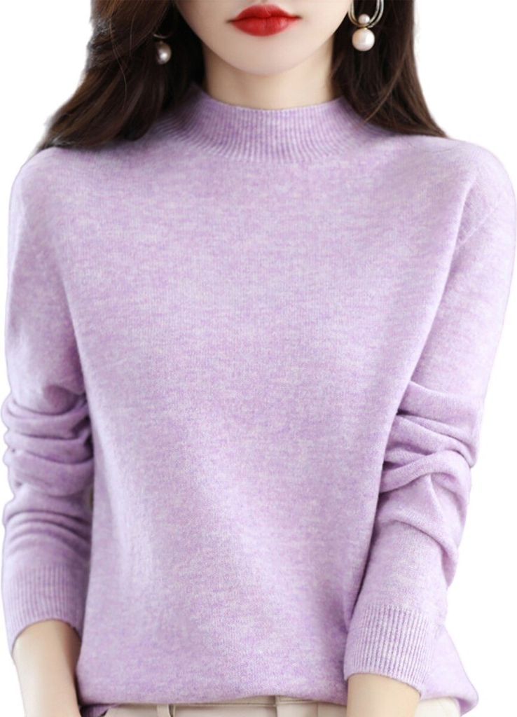 ASKSA Damen Leichter Pullover mit Stehkragen Langarm Strickpullover Pulli Sweatshirt Solid Weich Oberteile, Helles Lila, XL