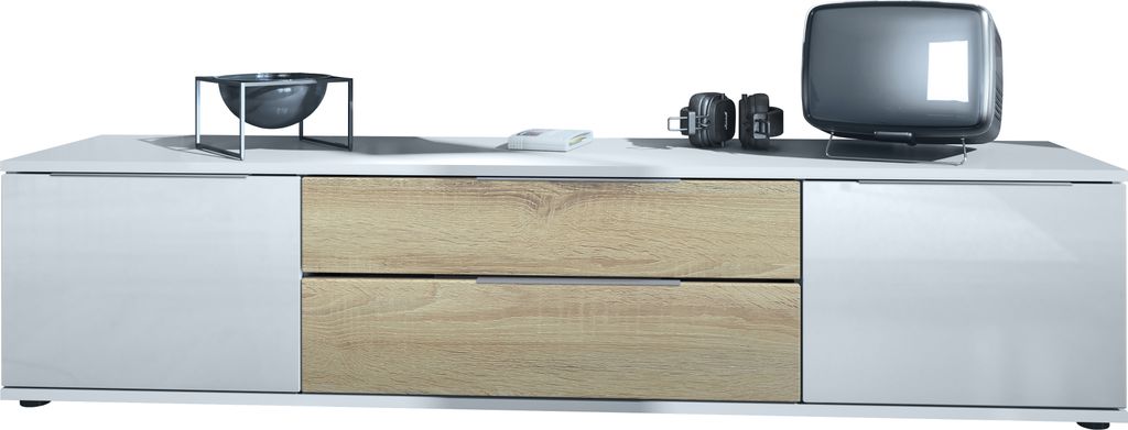 Vladon TV Lowboard Linio V2, Fernsehtisch mit 2 Türen und 2 Schubladen – Weiß / Eiche sägerau (166,5 x 37,5 x 35 cm)