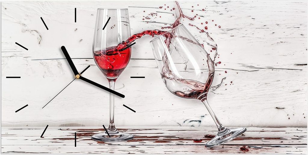 Wanduhr aus Glas mit Motiv Rotweingläserfall- 60 x 30 cm - inkl. Aufhängesystem
