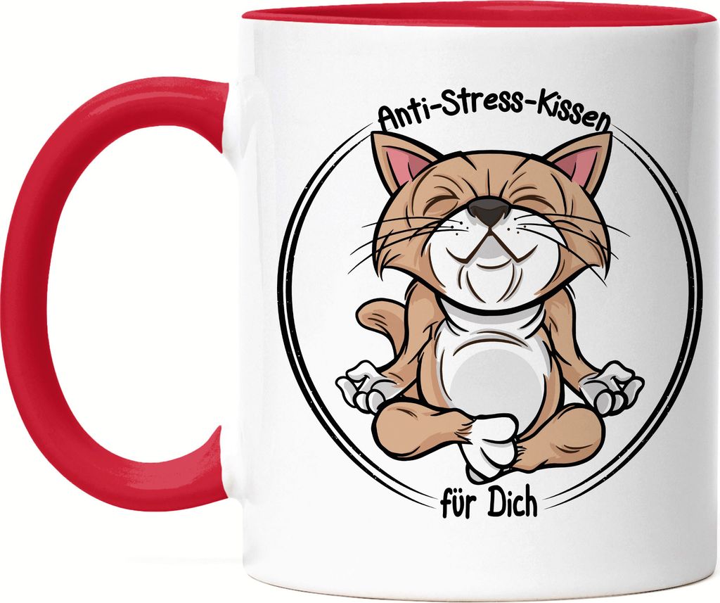 Anti-Stress Tasse Rot Meditation Lustig Spruch Ironie Katze Geschenk-Idee Bürokollegen Chillen Yoga