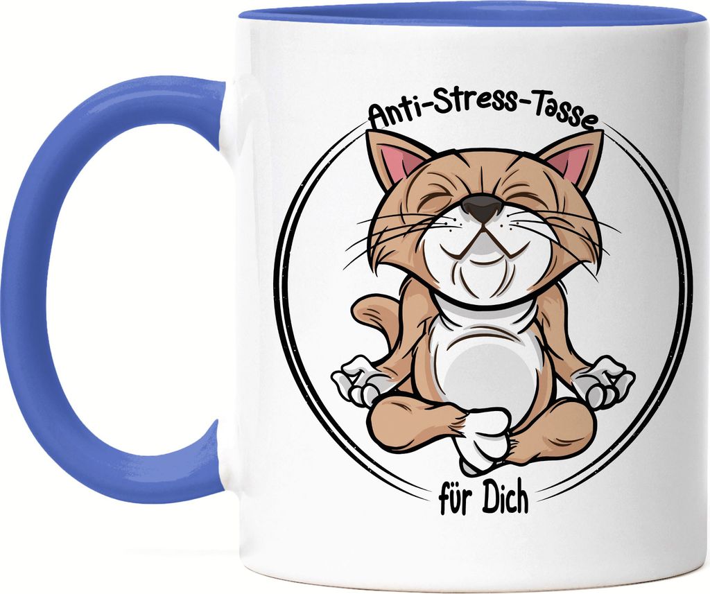 Anti-Stress Tasse Blau Meditation Lustig Spruch Ironie Katze Geschenk-Idee Bürokollegen Chillen Yoga