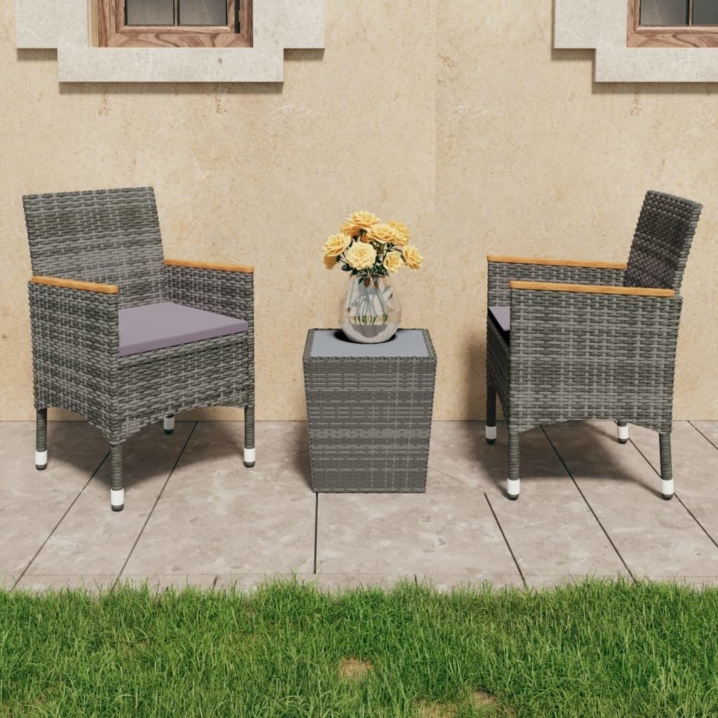 "Rabatt" 3-tlg. Bistro-Set - mit tishe & Stuhl - Poly Rattan und Hartglas Grau - Lounge-Dining set CC2556
