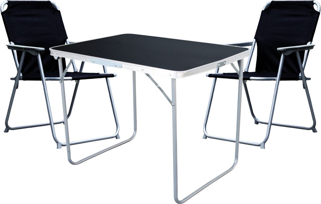 A camping table and two chairs.