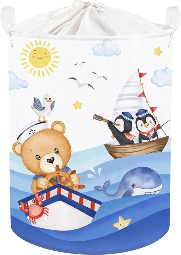 Panier à jouets cylindrique bleu mer avec voiliers pour chambre enfant