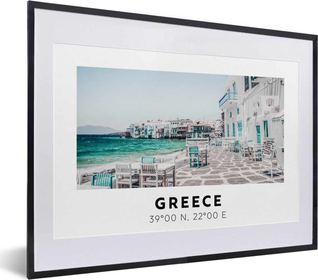MuchoWow Gerahmtes Poster Griechenland - Blau - Meer - Stühle 40x30 cm - Poster mit Schwarzem Bilderrahmen Wandposter Rahmen Foto Bilder - Bilde...