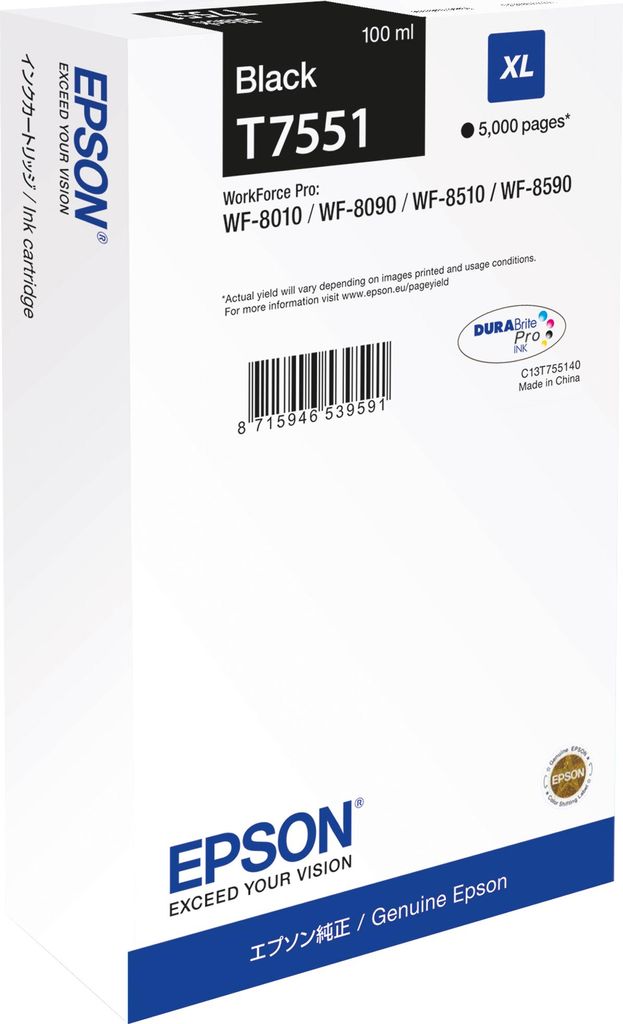Epson T7551 - 100 ml - Größe XL - Schwarz - original - Tintenpatrone - für WorkForce Pro WF-8090, WF-8590