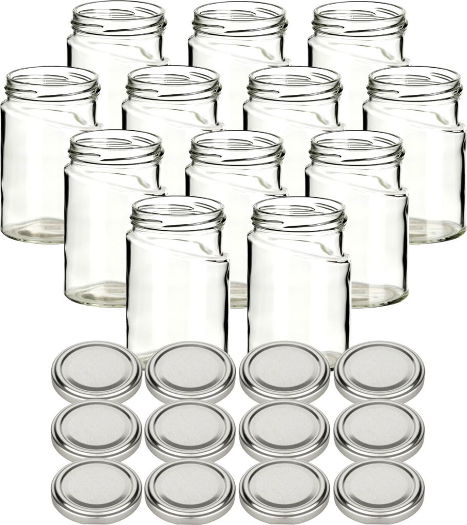 gouveo 12er Set Einmachgläser 314 ml Skew mit Schraubdeckel silberfarben - Leere Vorratsgläser mit Schraubverschluss für Marmelade, Honig, Gewürze