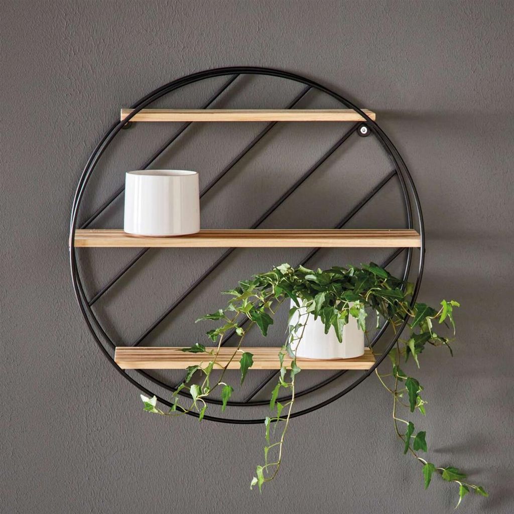 Etagère murale "Circle" en métal noir, 3 étagères en bois, Image du produit 