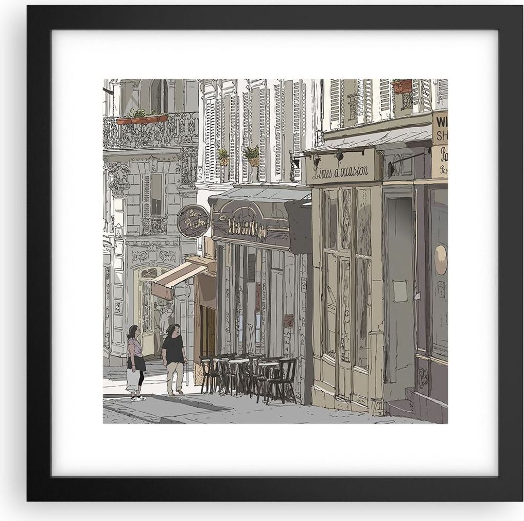 Gerahmtes Poster - Schwarzer Rahmen - Architektur Zeichnen Montmartre - 30x30 cm - Wand Bild - Wanddeko - Wandbilder - Wandposter - Bilderrahmen - ...