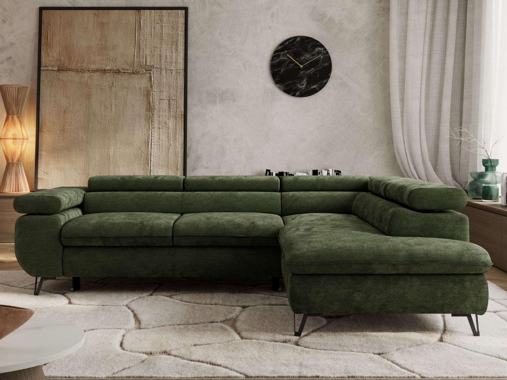 Couch mit Schlaffunktion L-form Ecksofa mit Topper Visco Wohnzimmersofa mit Einstellbare Kopfstützen - PABLO L - Schenille glatt - Dunkelgrün - R...