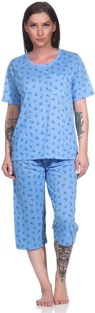 Damen Pyjama 3/4 Hose & Shirt Schlafanzug Hausanzug Sommer; Blau/M/38