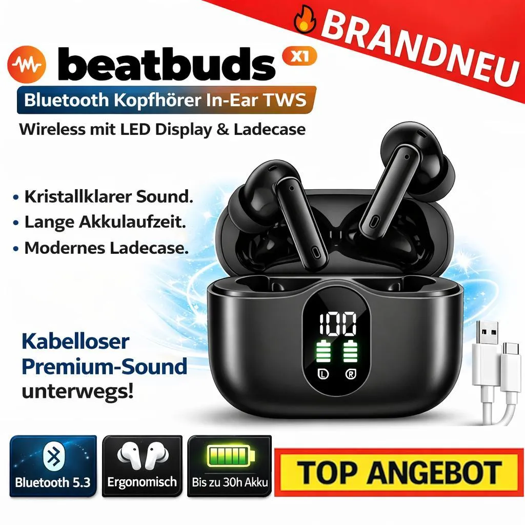 Écouteurs Bluetooth beatbuds™ X1 noir avec boîtier de charge LED sans fil