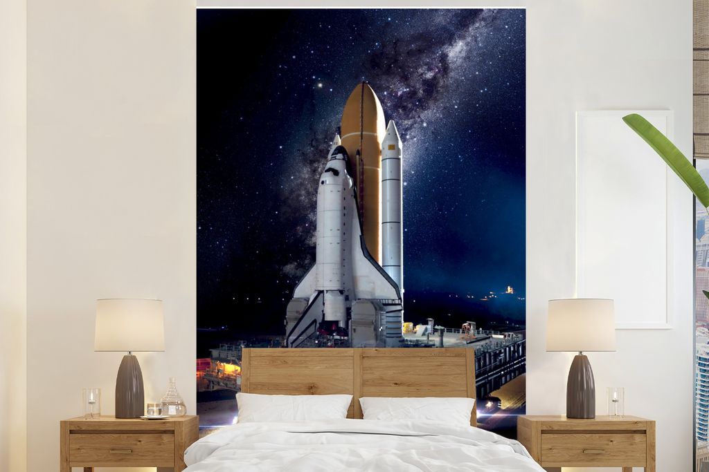 MuchoWow Fototapete für Wohnzimmer oder Schlafzimmer Wandtapete Vinyl Motivtapete Rakete - Weltraum - Sterne - 225x350 cm - Schlafzimmer tapete