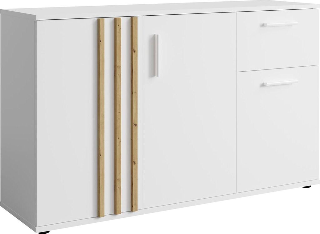 A white sideboard with wooden accents and two drawers on the right.