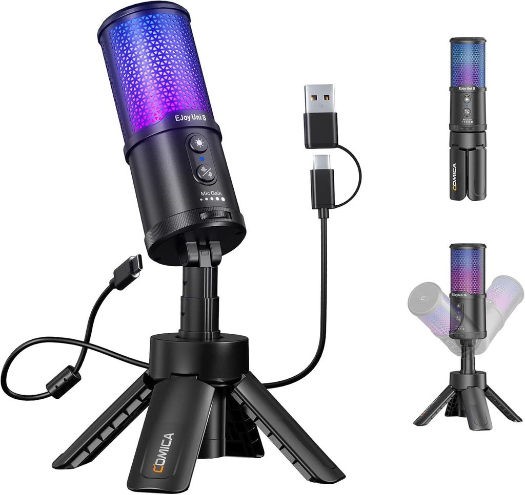 COMICA Ejoy UNI S USB Gaming Mikrofon, 48kHz/24Bit, KI Noise Cancelling, RGB, Kardioid Kondensator, Mute, für Streaming Podcast PC PS5 YouTube MacPro