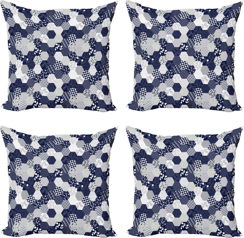 ABAKUHAUS Navy blau Kissenbezug Set (4 Stück), Patchwork-Art-Punkt-Stern, Moderner Doppelseitiger Digitaldruck, 40 cm x 40 cm, Marine und Weiß