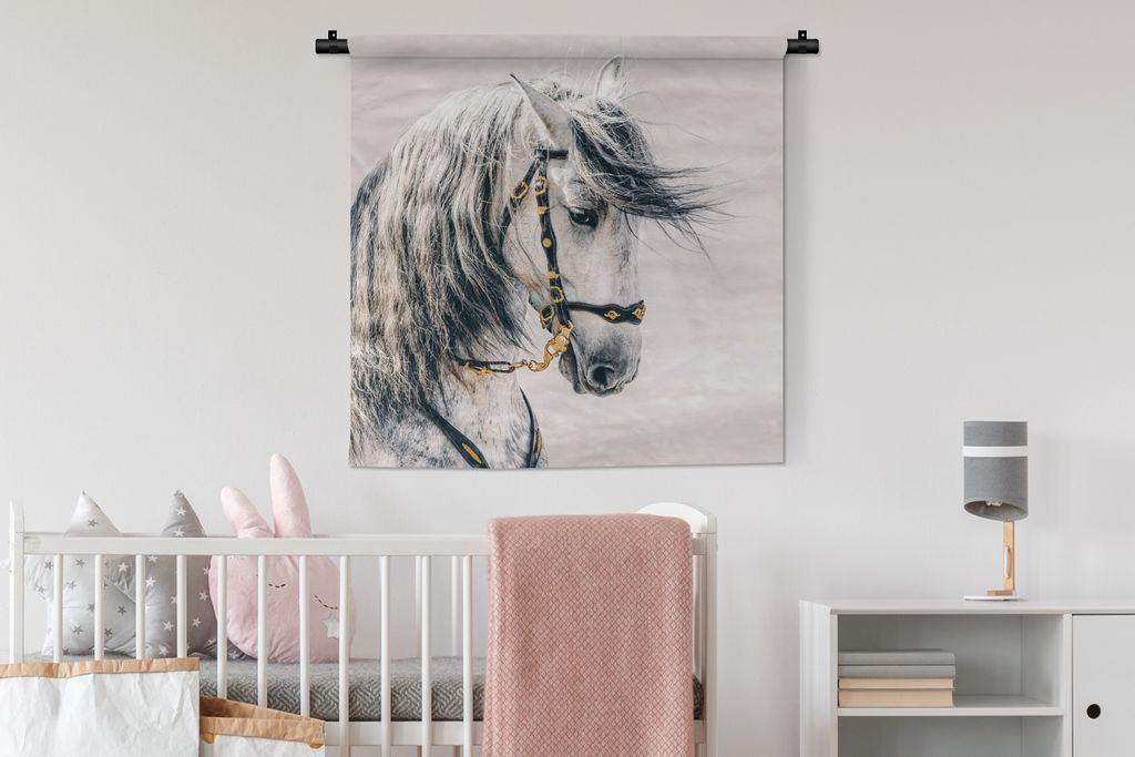 MuchoWow Wandteppich Wandbehang Pferd - Weiß - Gold 90x90 cm Tapisserie Dekoration Wandtuch - Wandaufhänger