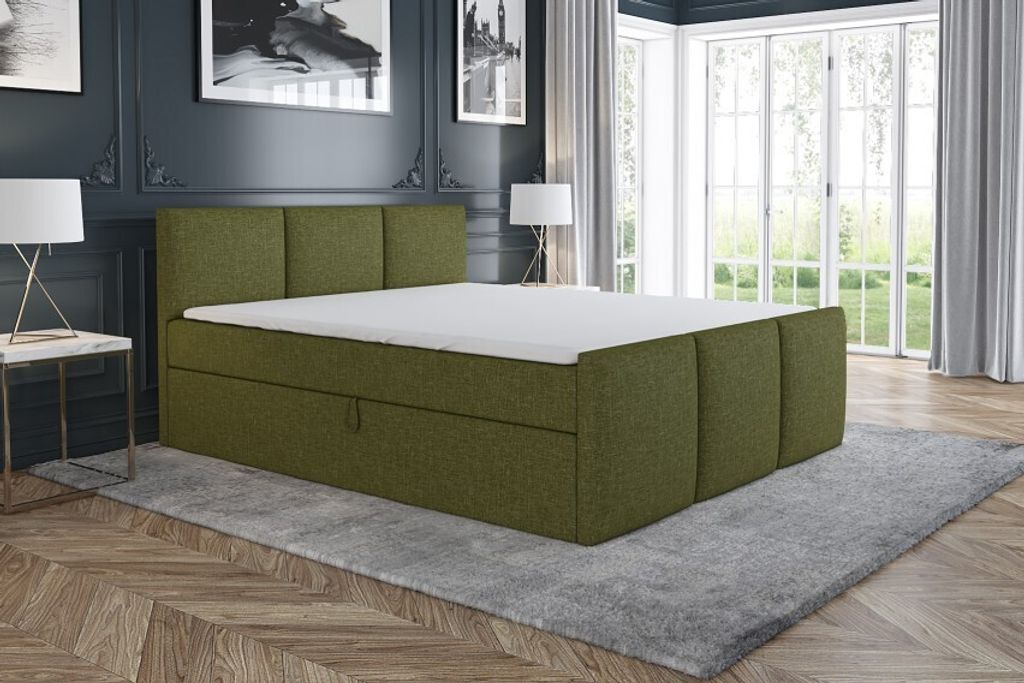 Boxspringbett RON 160 x 200 mit 2 Bettkästen, Bonell-Matratze und Topper. Farbe: Grün