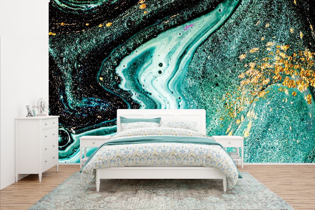 MuchoWow Fototapete für Wohnzimmer oder Schlafzimmer Wandtapete Vinyl Motivtapete Marmoroptik - Blau - Gold - Glitzer - Luxus - Marmor - 400x240...