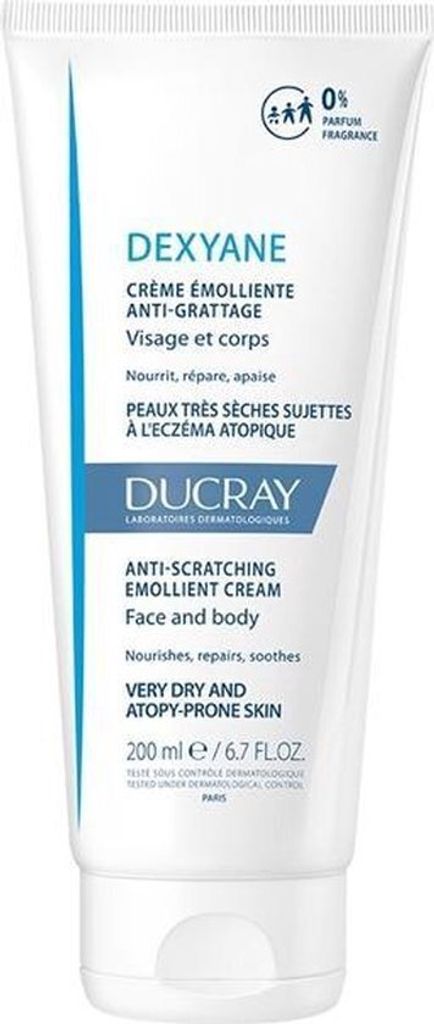 A white tube of Ducray Dexyane Anti-Scratching Emollient Cream.