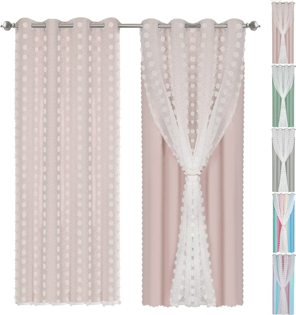 Tende Rosa Doppio Strato 132x213cm - Tulle e Pompon per Camera Letto