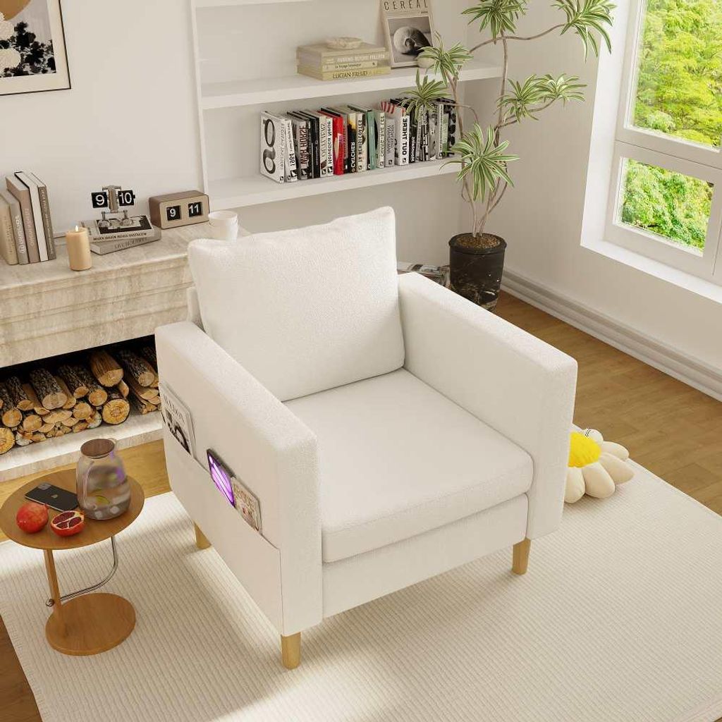 AIORBER Bequemer Chenille Sessel mit Kissen und Tasche, Skandi Lesesessel Relaxstuhl Wohnzimmer Einzelsessel Indoor Beige
