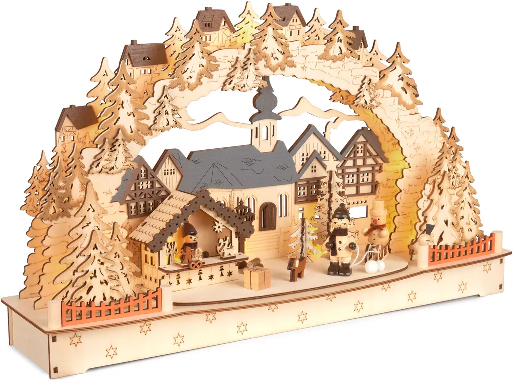 Grand Arc de Noël LED en Bois Peint à la Main Design 3D Village