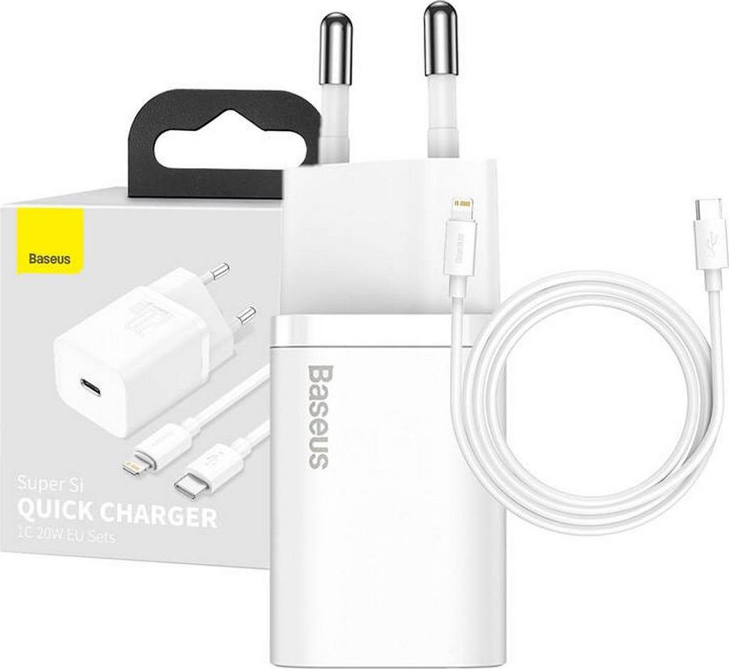Baseus Super Si Netzladegerät, Quick Charge 20 W, 1 x USB-C 5 V/3 A max., inklusive 1 m USB-C-zu-Lightning-Kabel für iPhone, weiß „TZCCSUP-B02...
