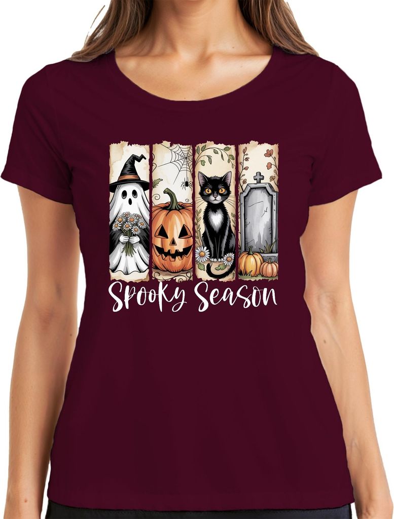 Spooky Season Halloween Kürbis schwarze Katze Geist Grab Spinne Damen T-Shirt, Burgundy, L