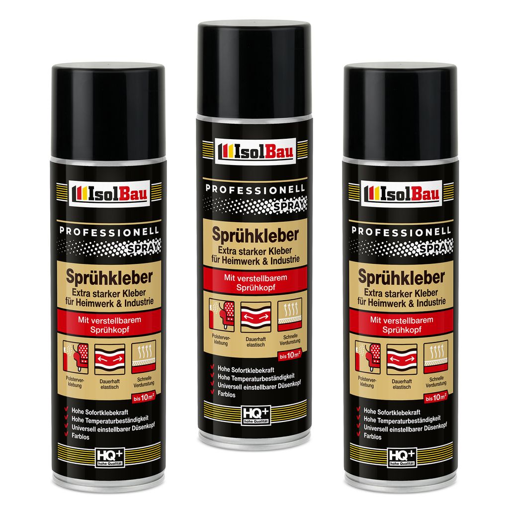 Three cans of Isolbau spray adhesive are arranged side-by-side against a white background.