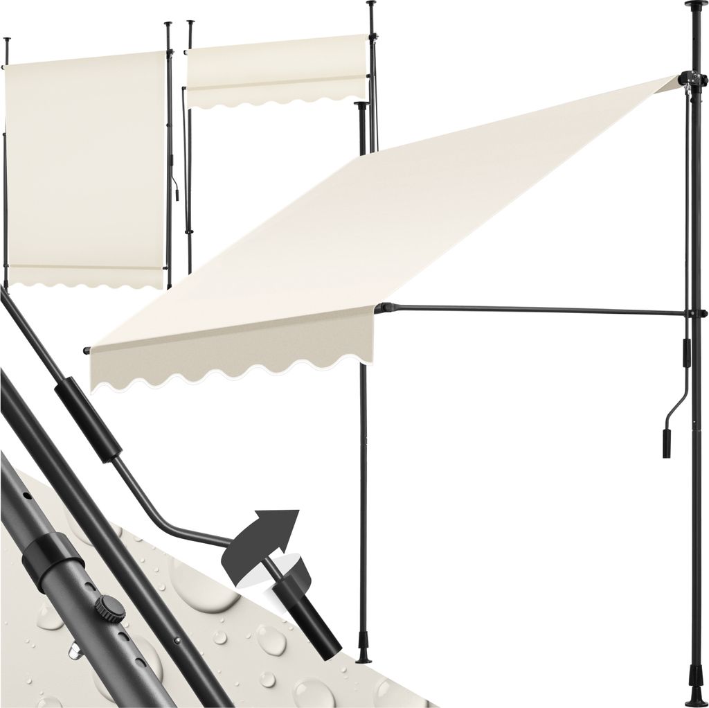 A cream-colored awning with a scalloped edge, supported by black poles, is shown in an extended position. Another awning is shown retracted in the background. A close-up detail of the awning's adjustable pole mechanism is also visible.