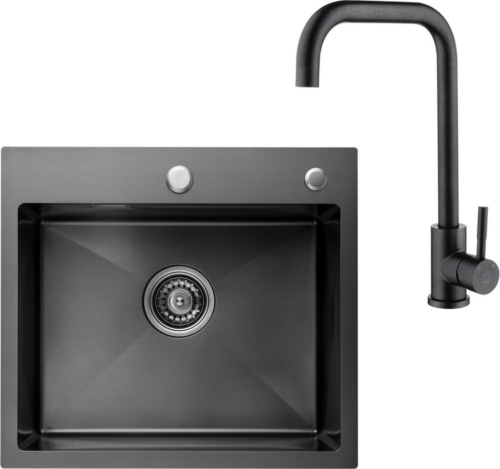 CECIPA Küchenspüle 50cm* 45cm Anthrazitschwarz +Hochdruckmischer Küchenarmatur Edelstahl Einhebelmischer Schwarz
