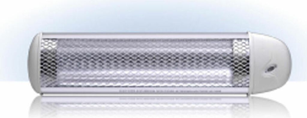 A white and silver infrared heater is shown against a light blue and white gradient background.