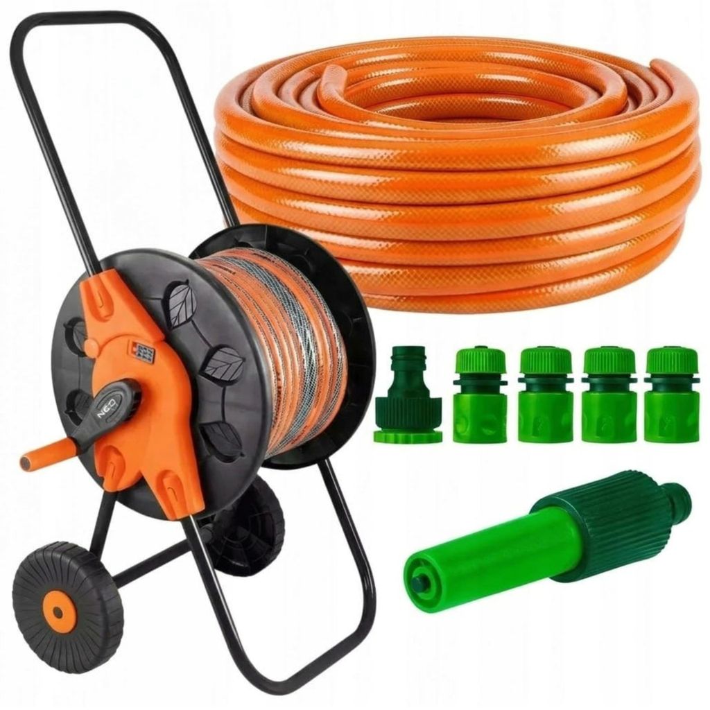 NEO TOOLS Gartenschlauch Set 30 m 1/2 Zoll mit Schlauchwagen Rasensprenger und Anschlüssen 4-lagiger PVC Schlauch