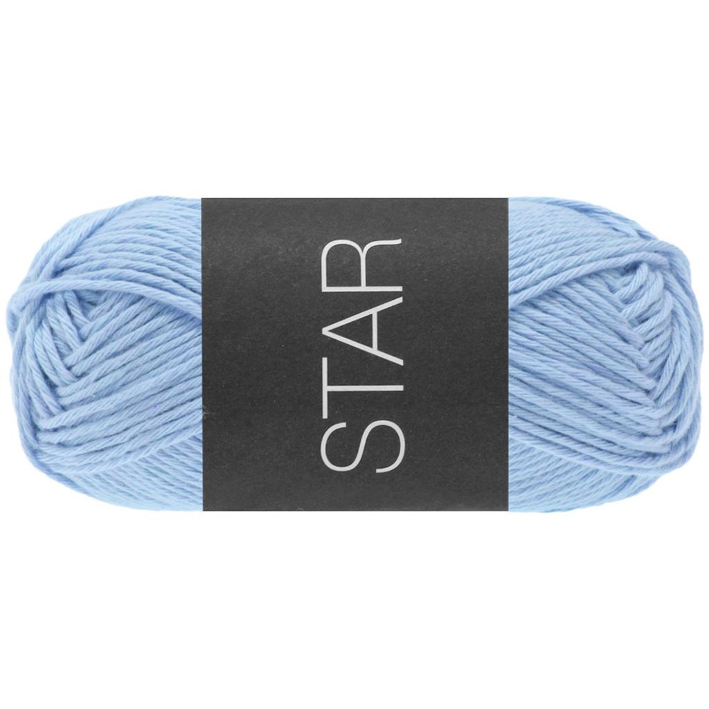 A ball of light blue yarn with a black label.