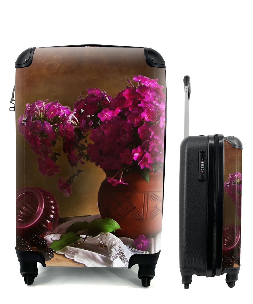 MuchoWow Koffer Handgepäck Trolley Rollkoffer Kleine Reisekoffer mit 4 Rollen - Rustikal - Blumen - Rosa - Vase - Stilleben - Cabin Size < 55x40...