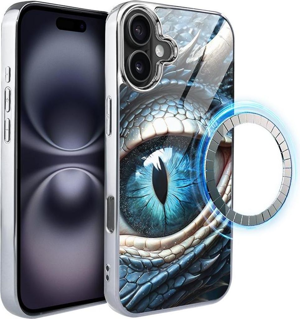 iPhone 16 IBIZU Elite Glass Case mit MagSafe, Glasrückseite, Ice Dragon Eye, Silber