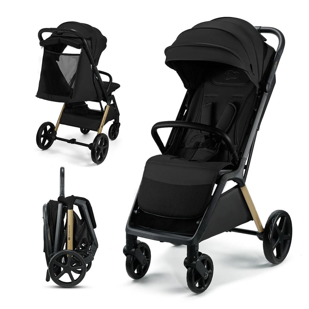 A black Kinderkraft LOOM stroller is shown from multiple angles against a white background. One image shows the stroller fully assembled, another shows it folded, and a third shows a close-up of the seat and canopy.