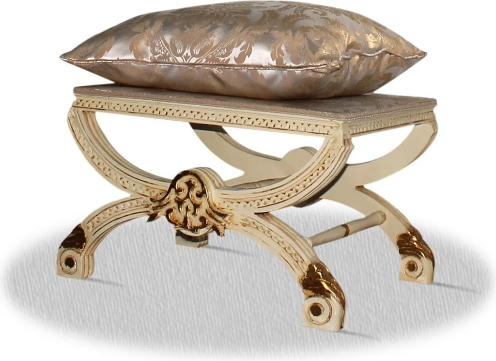 Pouf Baroque Crème et Doré pour Chambre ou Salon - Modèle Luxe 60cm