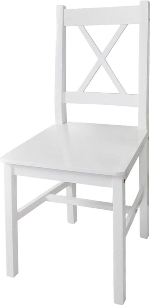 A white wooden chair with an X-shaped backrest is shown against a white background.