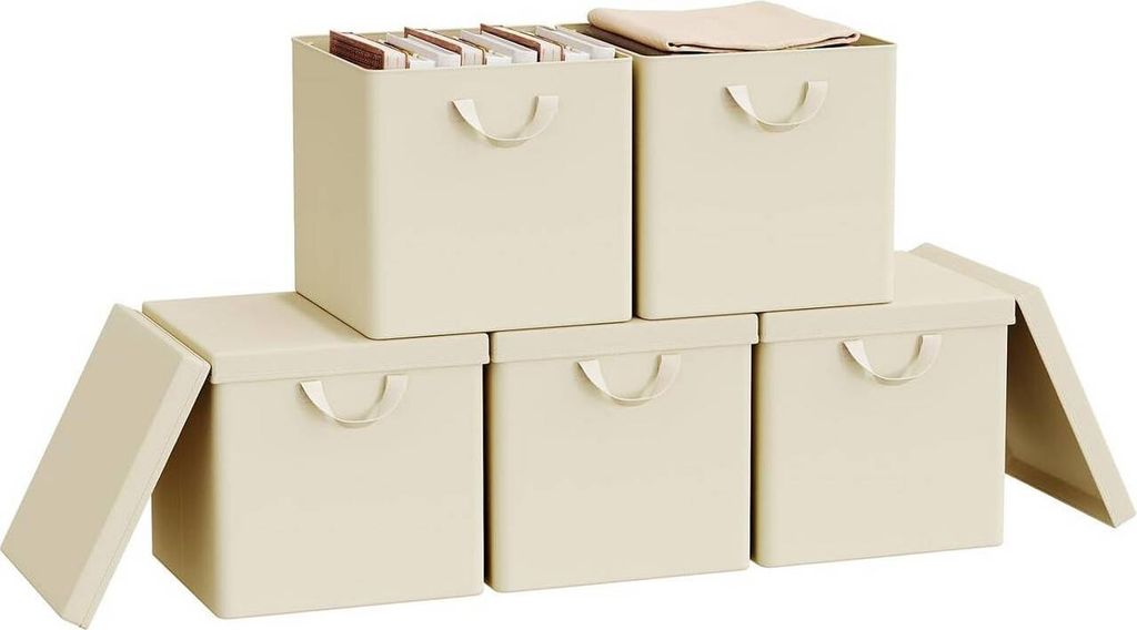 WOLTU Faltbare Aufbewahrungsboxen 5 Stück, mit Deckel Metallrahmen, Mehrzweck : Creme 34L(33x33x31,5 cm) Farbe: Creme Größe: 34L(33x33x31,5 cm)