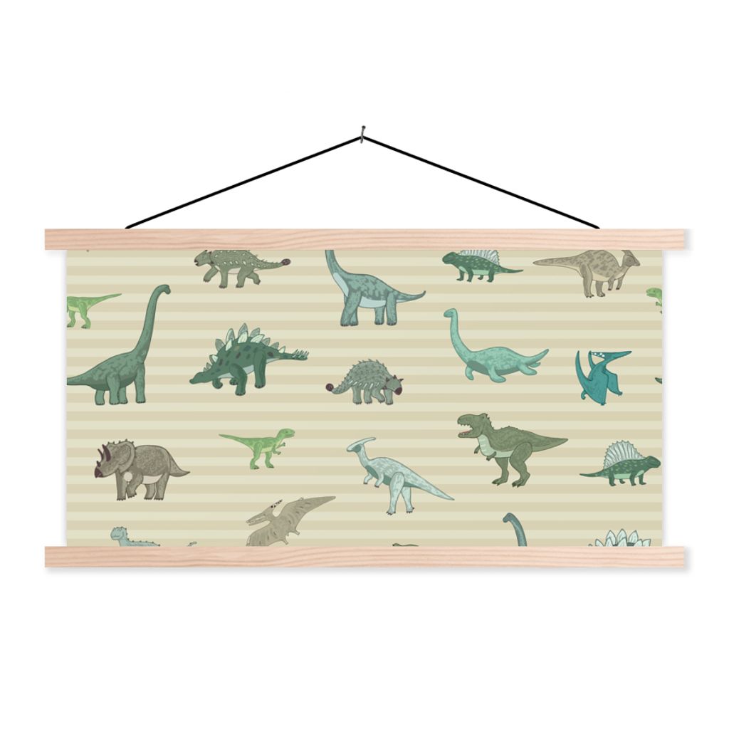 MuchoWow Textilposter Dinosaurier - Braun - Grün - Jungen - Mädchen - Kinder 120x60 cm mit holzfarbenen Rahmen - Klemmleiste